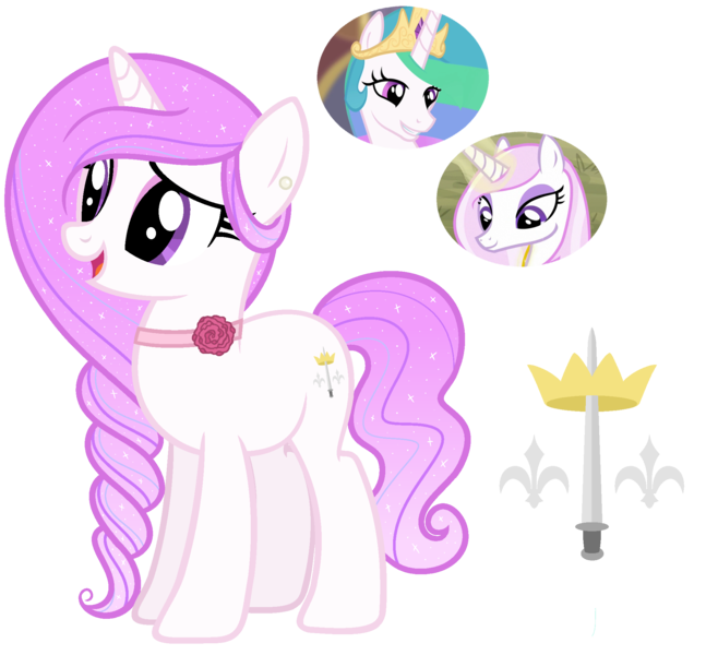 Size: 2050x1900 | Tagged: safe, artist:cherrycandi, derpibooru import, fleur-de-lis, princess celestia, oc, pony, unicorn, base used, braid, carnation, choker, crown, ear piercing, earring, eyeshadow, female, fleurestia, flower, fusion, jewelry, lesbian, makeup, offspring, parent:fleur-de-lis, parent:princess celestia, parents:fleurestia, pearl, piercing, regalia, shipping, simple background, solo, sword, transparent background, weapon