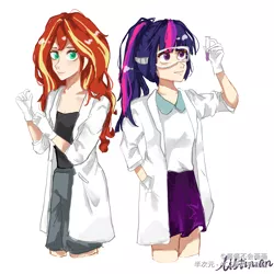 Size: 3000x3000 | Tagged: safe, artist:酱酱不会画画, derpibooru import, sci-twi, sunset shimmer, twilight sparkle, equestria girls, clothes, duo, female, gloves, hand in pocket, human coloration, image, lab coat, latex, latex gloves, png, ponytail, protective glasses, rubber gloves, science, simple background, skirt, sunset the science gal, test tube, white background