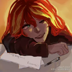 Size: 3000x3000 | Tagged: safe, artist:酱酱不会画画, derpibooru import, sunset shimmer, human, equestria girls, clothes, desk, female, jacket, leather jacket, mechanical pencil, one eye closed, paper, solo, wink