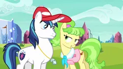 Size: 1280x720 | Tagged: safe, derpibooru import, screencap, chickadee, ms. peachbottom, shining armor, earth pony, pony, unicorn, games ponies play, cap, female, flirting, hat, male, mare, stallion, whistle