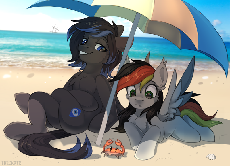 Size: 3055x2200 | Tagged: safe, artist:trickate, derpibooru import, oc, oc:anja snow, oc:boreal bloom, unofficial characters only, crab, pegasus, pony, beach, beach umbrella, curious, high res, huh, ocean, sand, umbrella