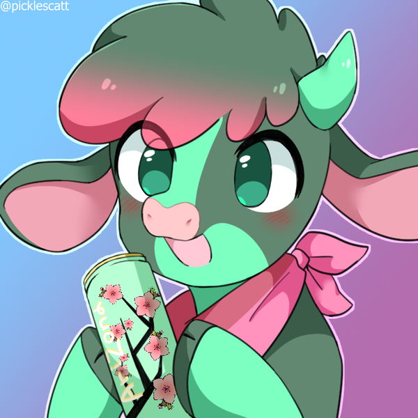 Size: 700x700 | Tagged: safe, artist:picklescatt, derpibooru import, arizona cow, cow, them's fightin' herds, alternate color palette, arizonadorable, bandana, blushing, cloven hooves, community related, cute, female, gradient background, hoof hold, solo