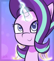 Size: 1024x1156 | Tagged: safe, artist:nicxchy, derpibooru import, starlight glimmer, pony, unicorn, bust, female, glowing horn, horn, portrait, smiling, solo