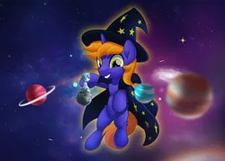 Size: 800x573 | Tagged: safe, artist:jhayarr23, derpibooru import, oc, oc:snap feather, oc:star bright, unofficial characters only, pony, cosmic wizard, giant pony, giant unicorn, giga giant, hat, macro, magic, male, orbit, planet, pony bigger than a planet, sitting, sitting on top of the world, size difference, space, stallion, stars, tangible heavenly object, wizard, wizard hat, wizard robe