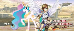 Size: 1024x432 | Tagged: safe, artist:nintendostarknight, derpibooru import, princess celestia, alicorn, human, pony, angel, angelic wings, crossover, crown, jewelry, kid icarus, kid icarus: uprising, necklace, nintendo, pit (kid icarus), regalia, super smash bros., super smash bros. brawl, wallpaper, wings