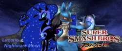 Size: 1024x433 | Tagged: source needed, safe, artist:nintendostarknight, derpibooru import, nightmare moon, alicorn, lucario, pony, aura, crossover, nintendo, pokémon, super smash bros., super smash bros. brawl, wallpaper