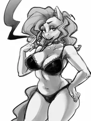 Size: 1200x1600 | Tagged: anthro, artist:noupie, bra, breasts, cigarette, clothes, derpibooru import, female, monochrome, panties, pinkie pie, solo, solo female, suggestive, underwear