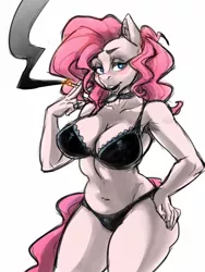 Size: 1200x1600 | Tagged: suggestive, artist:noupie, derpibooru import, pinkie pie, anthro, bra, breasts, cigarette, clothes, female, panties, solo, solo female, underwear