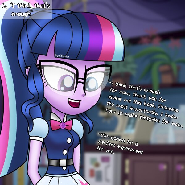 Size: 2048x2048 | Tagged: safe, artist:aryatheeditor, derpibooru import, sci-twi, twilight sparkle, equestria girls, belt, breasts, clothes, cutie mark, cutie mark on clothes, female, geode of telekinesis, glasses, heterochromia, magical geodes, outfit, powerful sparkle, skirt, solo