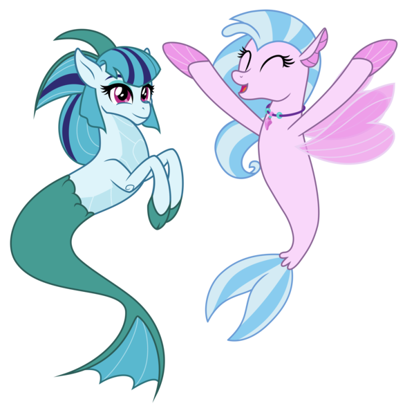 Size: 4303x4405 | Tagged: absurd resolution, artist:orin331, artist:pilot231, cheering, cloven hooves, colored hooves, cute, derpibooru import, diastreamies, edit, female, friendshipping, happy, safe, seapony (g4), seapony silverstream, silverstream, simple background, siren, smiling, sonatabetes, sonata dusk, transparent background, vector, vector edit