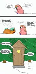 Size: 1360x2768 | Tagged: safe, artist:foxhoarder, derpibooru import, fluffy pony, cold, comic, fluffy pony foals, fluffy pony mother, implied pooping, outhouse, pine tree, snow, toilet, toilet humor, tree, warming up, winter