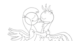 Size: 1920x1080 | Tagged: safe, artist:noidavaliable, derpibooru import, edit, gallus, silverstream, classical hippogriff, gryphon, hippogriff, cute, diastreamies, eyes closed, female, gallabetes, gallstream, gift art, interspecies, kissing, male, shipping, simplified, spread wings, straight, wingboner, wings