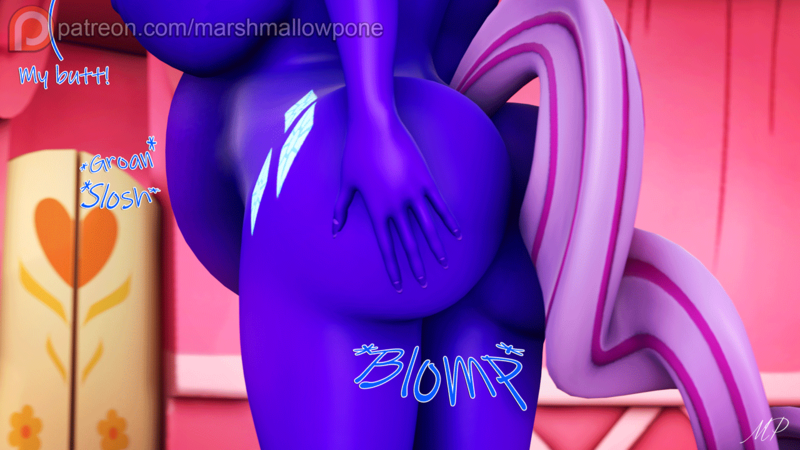 Size: 1280x720 | Tagged: questionable, artist:marshmallow-pone, derpibooru import, rarity, anthro, unicorn, 3d, ass, belly, big belly, big breasts, bluebarity, blueberry inflation, breasts, busty rarity, butt, female, head out of frame, huge breasts, image, large butt, nipples, nudity, png, rearity, solo, solo female, stomach noise