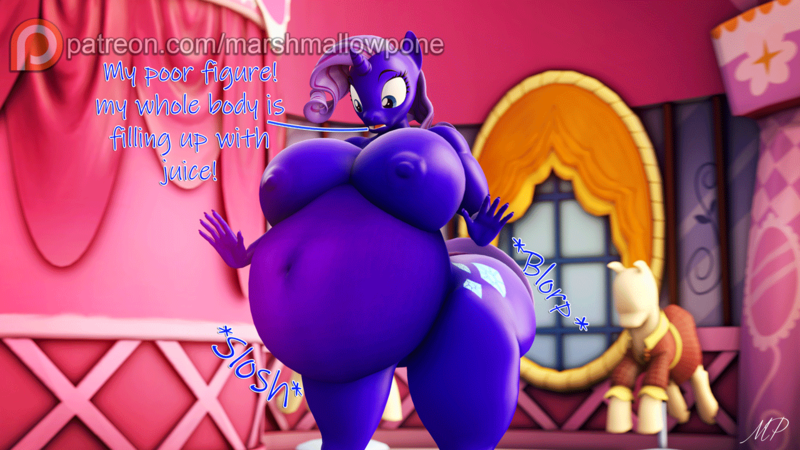 Size: 1280x720 | Tagged: questionable, artist:marshmallow-pone, derpibooru import, rarity, anthro, unicorn, belly, big belly, big breasts, bluebarity, blueberry inflation, breast expansion, breasts, busty rarity, butt, butt expansion, dialogue, female, growth, huge belly, huge breasts, huge butt, impossibly large belly, inflation, large butt, nipples, nudity, solo, solo female, stomach noise, thighs, thunder thighs