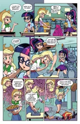 Size: 773x1188 | Tagged: safe, artist:pencils, color edit, derpibooru import, edit, editor:michaelsety, applejack, pinkie pie, sci-twi, sunset shimmer, twilight sparkle, human, equestria girls, spoiler:comicequestriagirlsmarchradness, button, colored, food, human coloration, humanized, korean, light skin, light skin edit, moon runes, page, pie, skin color edit