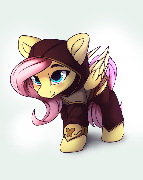 Size: 2039x2552 | Tagged: safe, artist:hitbass, derpibooru import, fluttershy, pegasus, pony, badass, badass adorable, blushing, clothes, costume, cute, fantasy class, flutterbadass, gray background, ranger, shyabetes, simple background
