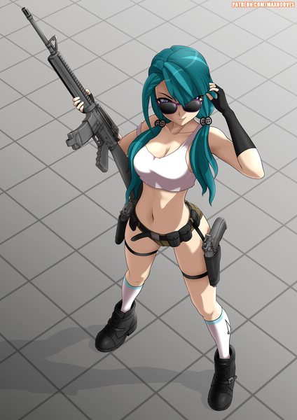 Size: 4960x7015 | Tagged: safe, artist:rambon7, derpibooru import, juniper montage, equestria girls, spoiler:eqg specials, absurd resolution, assault rifle, badass, belly button, beretta, beretta 92fs, black boots, blue eyes, boots, breasts, busty juniper montage, cleavage, clothes, daisy dukes, denim shorts, female, fingerless gloves, glasses, gloves, gun, handgun, m16, midriff, patreon, pigtails, pistol, rifle, shoes, shorts, sky blue hair, socks, solo, sunglasses, tanktop, tomboy, twintails, weapon, white socks