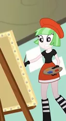 Size: 453x828 | Tagged: safe, derpibooru import, screencap, drama letter, watermelody, equestria girls, equestria girls series, beret, clothes, cropped, easel, female, gloves, hat, legs, paintbrush, panting, skirt, solo