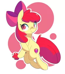 Size: 1280x1463 | Tagged: safe, artist:kindakismet, derpibooru import, apple bloom, earth pony, adorabloom, apple, apple bloom's bow, bitten apple, bow, cute, female, food, hair bow, looking at you, simple background, smiling, smiling at you, solo