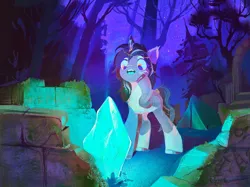 Size: 1024x766 | Tagged: safe, artist:dearmary, derpibooru import, oc, oc:rivibaes, unofficial characters only, pony, unicorn, forest, gem, glow, night, ruins, solo, tent, tree