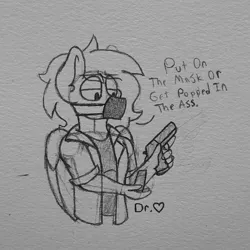 Size: 1554x1554 | Tagged: safe, artist:drheartdoodles, derpibooru import, oc, oc:dr.heart, anthro, clydesdale, pegasus, pony, clothes, coat, dialogue, doctor, gun, male, mask, signature, stallion, traditional art, weapon