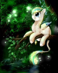 Size: 1600x2000 | Tagged: safe, artist:intfighter, derpibooru import, oc, unofficial characters only, pegasus, pony, colored hooves, leaves, leonine tail, pegasus oc, perching, pond, solo, tree, tree branch, water, wings