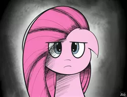 Size: 3348x2553 | Tagged: safe, artist:drawalaverr, derpibooru import, pinkie pie, earth pony, pony, angry, annoying, bust, dark background, eye clipping through hair, female, high res, looking at you, mare, pinkamena diane pie, portrait, solo