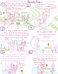 Size: 4779x6013 | Tagged: safe, artist:adorkabletwilightandfriends, derpibooru import, daisy, flower wishes, lily, lily valley, spike, dragon, earth pony, pony, comic:adorkable twilight and friends, above, above view, adorkable, adorkable friends, aerial, blank flank, blushing, break room, butt, comic, couple, cute, date, dimples, dimples of venus, dork, flower, food, garden, happy, humor, lilyspike, love, lunch, lunch break, lunch date, nursery, outdoors, perspective, plants, plot, pushing, romance, rose, sandwich, shovel, sitting, slice of life, soup, stool, table, wholesome, work, work bench
