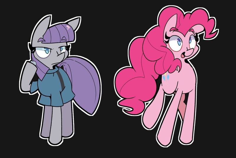 Size: 1280x858 | Tagged: safe, artist:kindakismet, derpibooru import, boulder (pet), maud pie, pinkie pie, earth pony, pony, black background, duo, female, mare, no pupils, open mouth, pie sisters, siblings, simple background, sisters