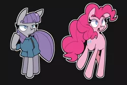Size: 1280x858 | Tagged: safe, artist:kindakismet, derpibooru import, boulder (pet), maud pie, pinkie pie, earth pony, pony, black background, duo, female, mare, no pupils, open mouth, pie sisters, siblings, simple background, sisters