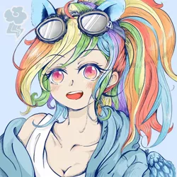 Size: 1080x1080 | Tagged: safe, artist:yaichi ayabe, derpibooru import, kotobukiya, rainbow dash, human, blue background, breasts, bust, cleavage, clothes, cute, cutie mark, dashabetes, ear fluff, eared humanization, female, goggles, hoodie, humanized, kotobukiya rainbow dash, light skin, looking at you, open mouth, pixiv, simple background, solo, tanktop, winged humanization, wings