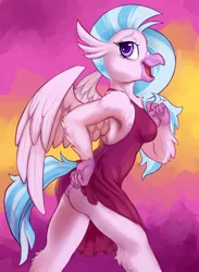 Size: 938x1280 | Tagged: suggestive, artist:hobbes-maxwell, derpibooru import, silverstream, anthro, hippogriff, abstract background, breasts, clothes, cocktail dress, dress, dress lift, female, lidded eyes, looking at you, older, older silverstream, open-back dress, panties, pink underwear, skirt, smiling, solo, solo female, underwear, upskirt