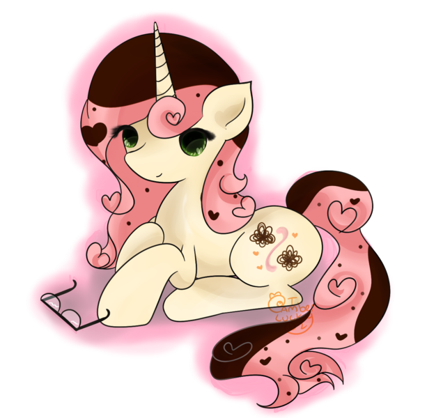 Size: 1367x1290 | Tagged: safe, artist:ambercatlucky2, derpibooru import, oc, oc:chocolate strawberri vanilli breezi, unofficial characters only, unicorn, eyeglasses, glasses, horn, simple background, sitting, solo, transparent background, unicorn oc