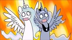 Size: 1136x640 | Tagged: safe, artist:vladivoices, derpibooru import, princess celestia, princess luna, alicorn, pony, blurred background, chibi, duo, gasp, mlp conquest, screaming, shocked, shocked expression, surprised