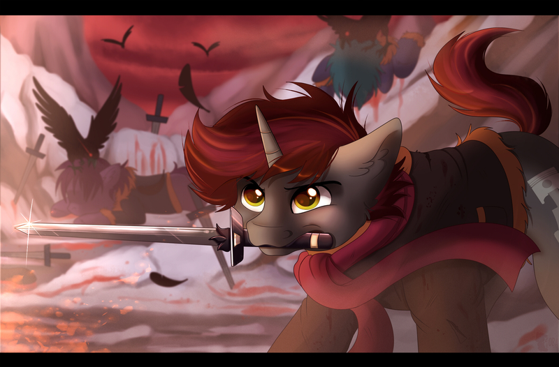 Size: 2100x1380 | Tagged: semi-grimdark, artist:zobaloba, derpibooru import, oc, oc:aneroid hydrolock, unofficial characters only, bird, raven (bird), unicorn, blood, clothes, commission, dead, digital art, fantasy class, fight, fullbody, mountain, scarf, survivor, sword, war, warrior, weapon, ych example, ych result, your character here