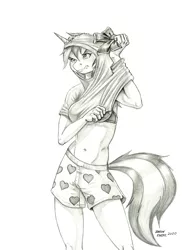 Size: 1000x1288 | Tagged: suggestive, artist:baron engel, derpibooru import, oc, oc:minty root, unofficial characters only, anthro, unicorn, boxer briefs, bra, breasts, clothes, female, grayscale, horn, monochrome, pencil drawing, shirt, solo, solo female, t-shirt, torn clothes, traditional art, underwear, unicorn oc, unicorn problems