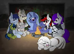Size: 4066x3000 | Tagged: safe, artist:aaathebap, derpibooru import, oc, oc:blackjack, oc:boo, oc:lacunae, oc:morning glory (project horizons), oc:p-21, oc:rampage, oc:scotch tape, unofficial characters only, alicorn, cyborg, earth pony, pegasus, pony, unicorn, fallout equestria, fallout equestria: project horizons, alicorn oc, billboard, dashite, fallout, fanfic art, fire, fire pit, group, hoofington, horn, pipbuck, small horn, wings