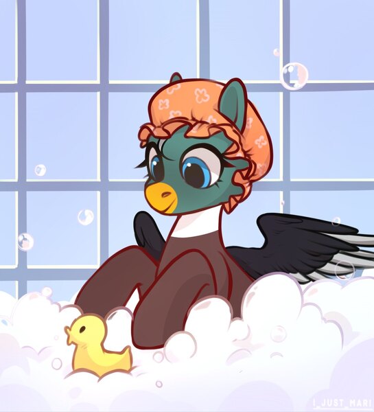 Size: 1502x1654 | Tagged: artist:ijustmari, bath, bathtime, bird, cute, derpibooru import, duck, duck pony, hat, oc, oc:dolan, oc:duk, original species, quack, quak, safe, shower cap