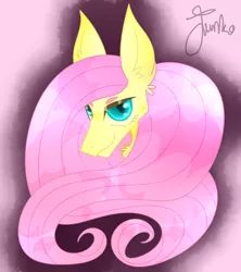 Size: 800x900 | Tagged: safe, artist:junko, derpibooru import, fluttershy, pegasus, pony, bean brows, big ears, bust, chest fluff, cute, digital art, ear fluff, female, looking at you, mare, paint tool sai, pink background, portrait, shyabetes, signature, simple background, smiling, solo