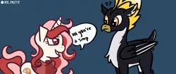 Size: 1920x804 | Tagged: safe, artist:redpalette, derpibooru import, oc, oc:ping wing, oc:red palette, bird, hippogriff, penguin, unicorn, callout, confused, simp