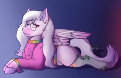 Size: 1366x882 | Tagged: safe, artist:sursiq, derpibooru import, oc, oc:pastel song, unofficial characters only, pegasus, pony, clothes, female, long hair, one eye closed, pastel, red eyes, socks, solo, sweater, thigh highs, wink