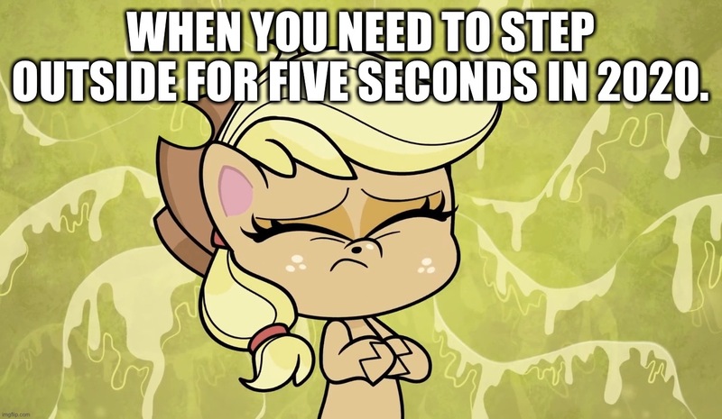 Size: 1426x828 | Tagged: safe, derpibooru import, edit, edited screencap, screencap, applejack, my little pony: pony life, sick day, spoiler:pony life s01e13, spoiler:pony life s01e20, 2020, 2020 hate, caption, coronavirus, covid-19, disgusted, disgusting, image macro, sick, snot, text