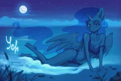 Size: 3000x2000 | Tagged: suggestive, artist:ls_skylight, derpibooru import, princess luna, alicorn, anthro, plantigrade anthro, pony, any race, barefoot, beach, bikini, breasts, clothes, commission, feet, female, monochrome, night, outdoors, swimsuit, tide, ych example, ych sketch, your character here