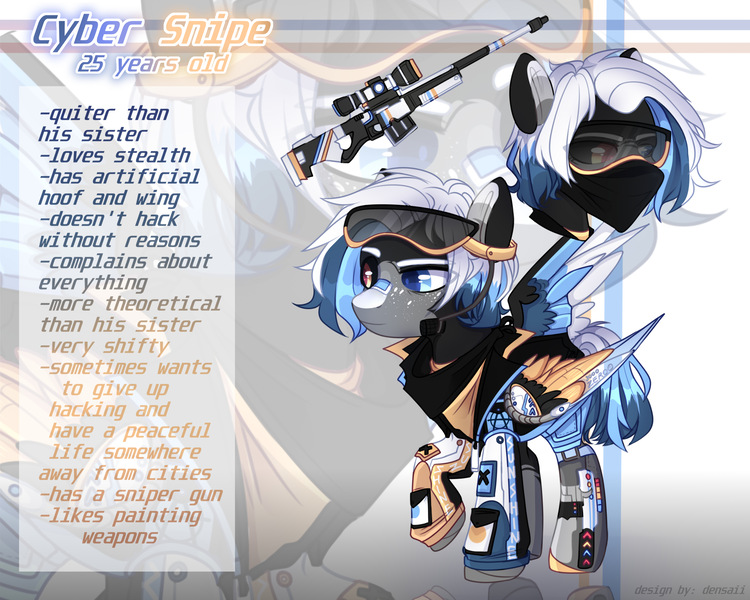 Size: 2480x1984 | Tagged: safe, artist:densaii, derpibooru import, oc, oc:cyber snipe, unofficial characters only, cyborg, pegasus, pony, amputee, artificial wings, augmented, bandana, clothes, cyber-questria, freckles, goggles, gun, headset, jacket, male, markings, multicolored hair, prosthetic leg, prosthetic limb, prosthetic wing, prosthetics, raised hoof, reference sheet, rifle, shirt, shorts, sniper rifle, solo, stallion, t-shirt, weapon, wings