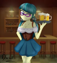 Size: 2000x2200 | Tagged: safe, artist:danielitamlp, derpibooru import, juniper montage, equestria girls, alcohol, bar, beer, bottle, breasts, busty juniper montage, cleavage, clothes, dirndl, dress, ear piercing, earring, female, glasses, high res, jewelry, looking at you, one eye closed, piercing, smiling, solo, stool, waitress, wine, wink