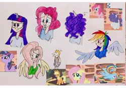 Size: 540x379 | Tagged: safe, artist:lunaart, derpibooru import, screencap, applejack, fluttershy, pinkie pie, rainbow dash, rarity, twilight sparkle, earth pony, human, pegasus, pony, unicorn, bridle gossip, appletini, colored pencil drawing, female, flutterguy, hairity, humanized, mane six, mare, micro, rainbow crash, scene interpretation, screencap reference, spitty pie, traditional art, twilight flopple