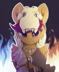 Size: 2039x2481 | Tagged: safe, artist:hitbass, derpibooru import, scootaloo, pegasus, pony, bone, dragon slayer, fantasy class, female, filly, fire, helmet, high res, jewelry, looking at you, necklace, skeleton, skull, skull helmet, solo, tooth necklace