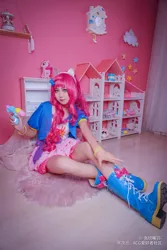 Size: 2177x3265 | Tagged: safe, artist:-洛欣曦羽-, derpibooru import, pinkie pie, human, clothes, cosplay, costume, dollhouse, female, irl, irl human, photo, plushie, sitting, solo, water pistol