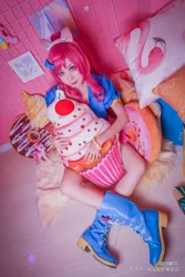 Size: 2177x3265 | Tagged: safe, artist:-洛欣曦羽-, derpibooru import, pinkie pie, human, clothes, cosplay, costume, cushion, female, irl, irl human, photo, pillow, sitting, sitting on floor, solo