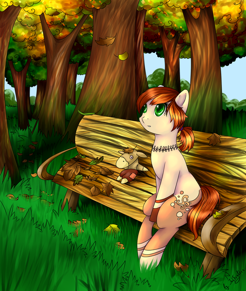 Size: 1267x1500 | Tagged: safe, artist:intfighter, derpibooru import, oc, unofficial characters only, earth pony, pony, bench, earth pony oc, forest, jewelry, leaves, necklace, outdoors, plushie, sitting, solo, tree
